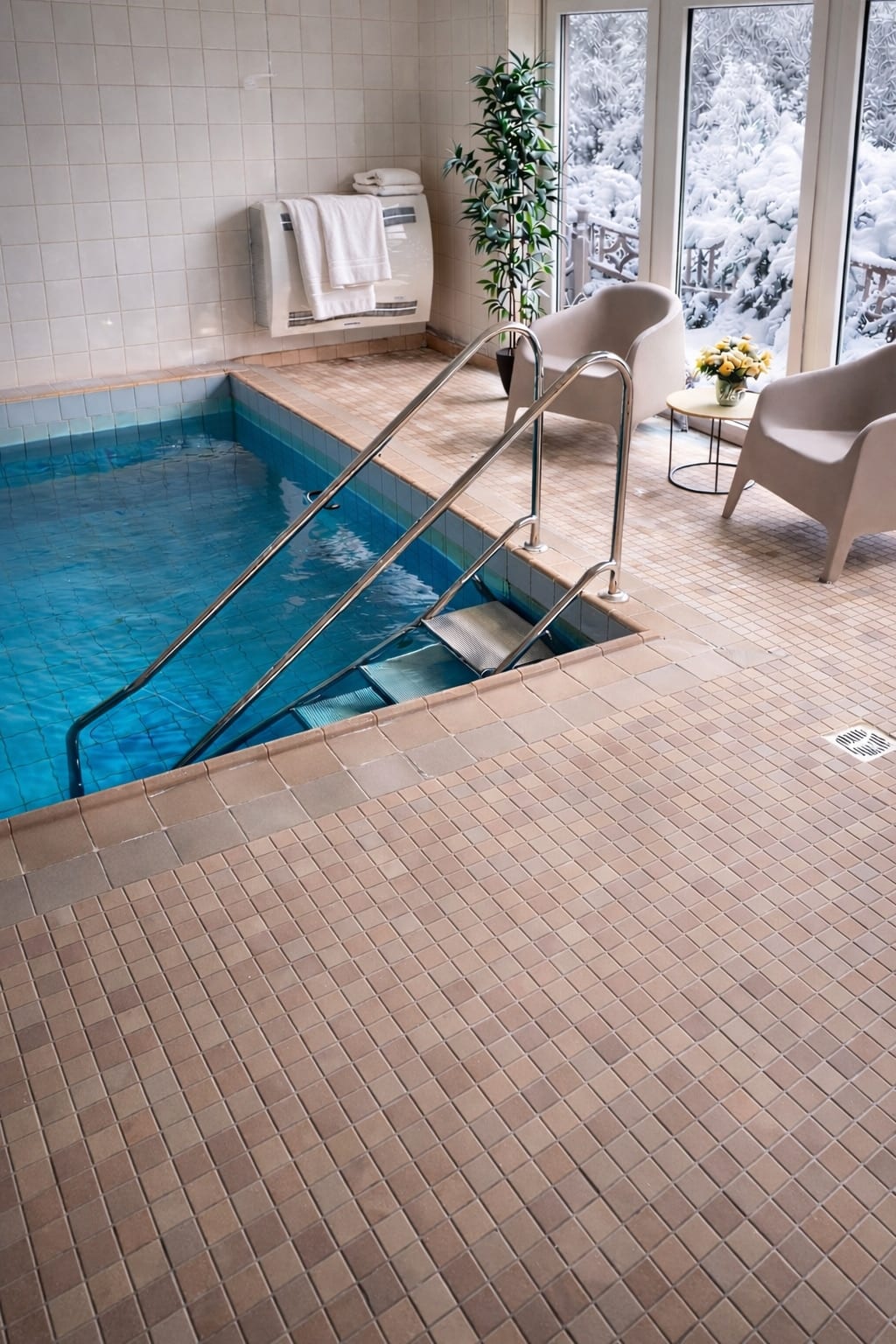 Beheizter Privatpool im Winter, Schnee vor den Fenstern